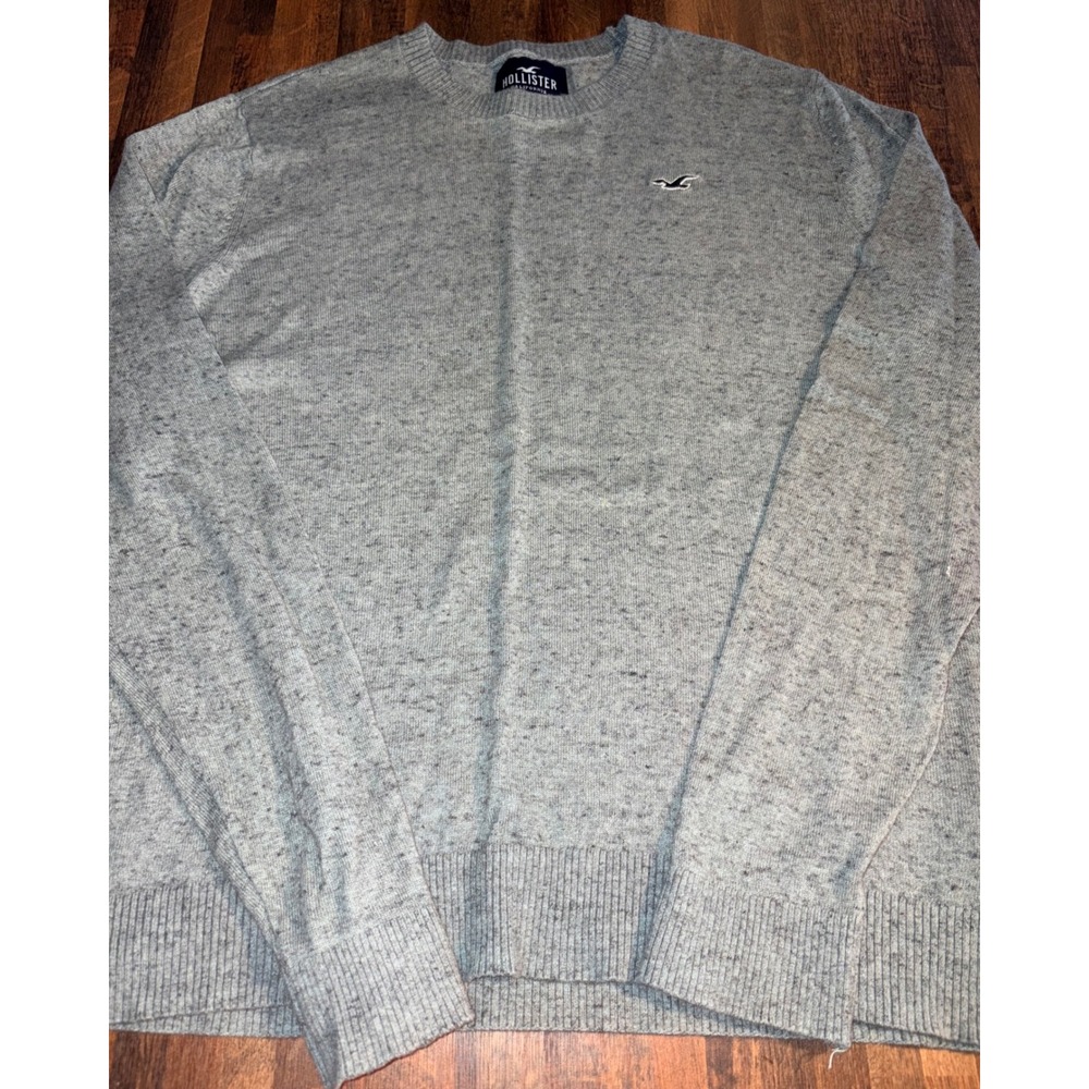 Hollister Mens Crewneck Sweater Large Heather Grey Embroidered Logo Long Sleeve